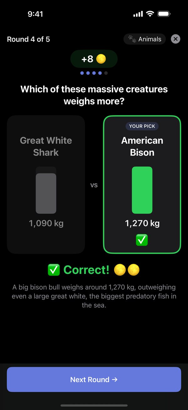 A Faceoff round: which weighs more, a great white shark or an American bison? The bison, at 1,270 kg.